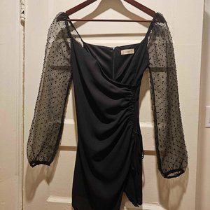 NWOT Altar'd State Black Mini Dress with Long Puffy Mesh Polka-Dotted Sleeves XS